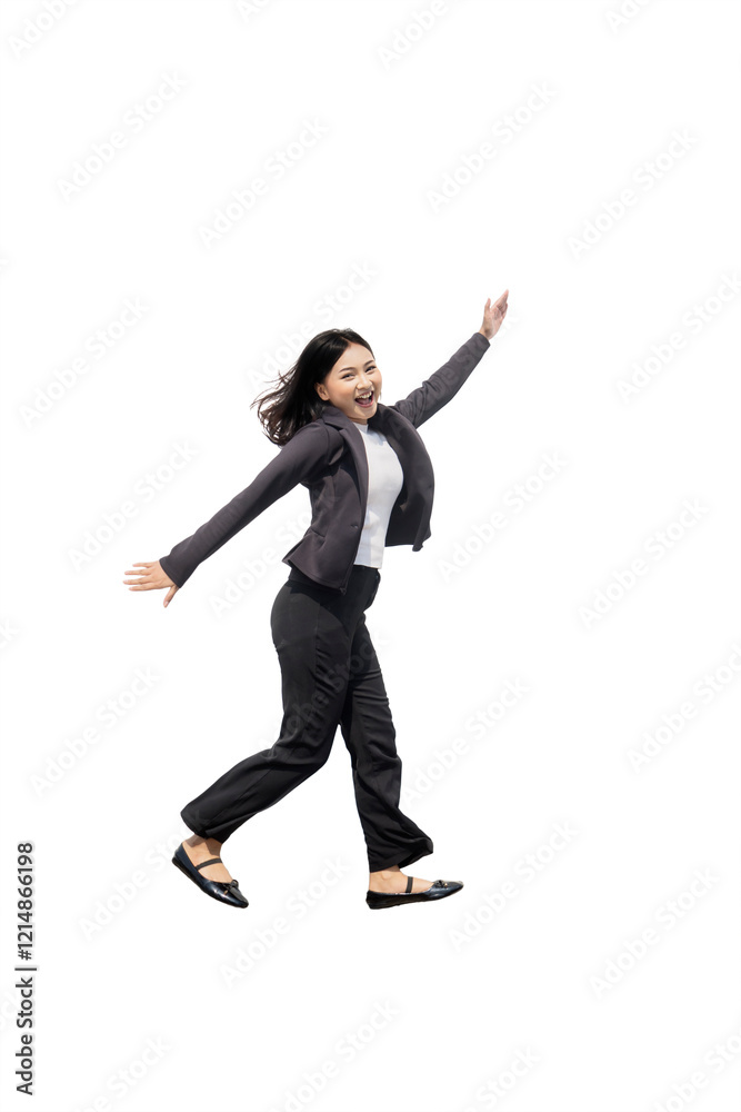 Cheerful Businesswoman Jumping with Arms Outstretched Isolated on White Background Cheerful Businesswoman Jumping with Arms Outstretched Isolated on White Background