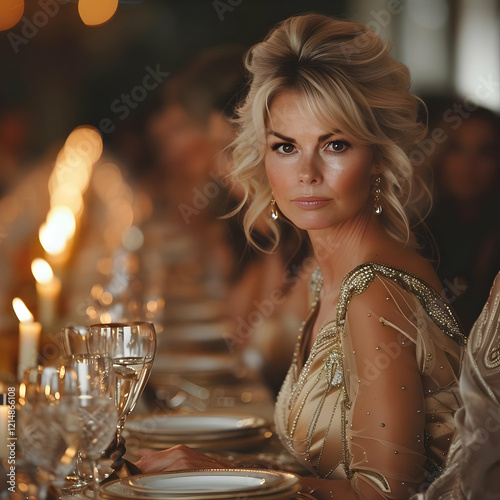 Elegant Woman in Gold Dress...