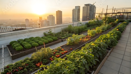 Urban Rooftop Garden at Sunrise Cityscape View Vegetables Herbs