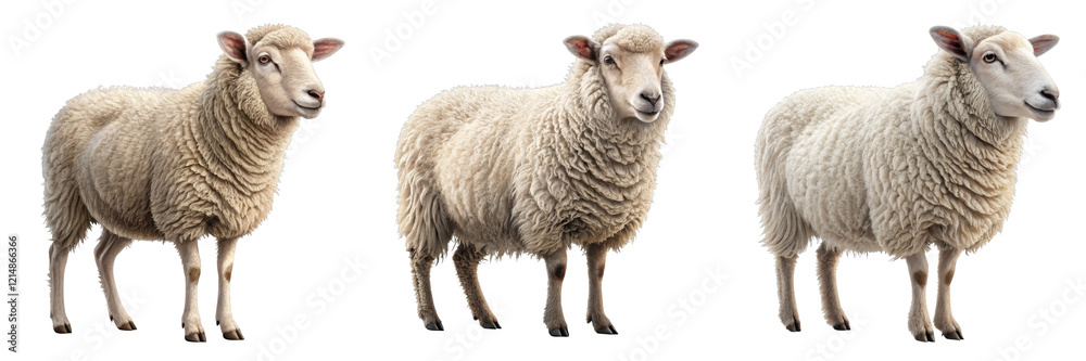 Fototapeta premium Three Sheep, Realistic Farm Animals, Isolated on Transparent Background, Digital Painting, Wool, Livestock, Sheep, Animal, Farm