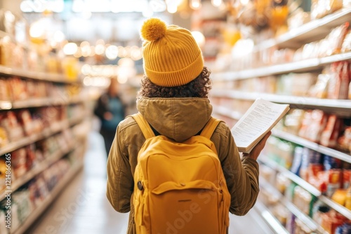 A frustrated shopper in a grocery store, staring at an empty shelf where an item should be, holding a shopping list