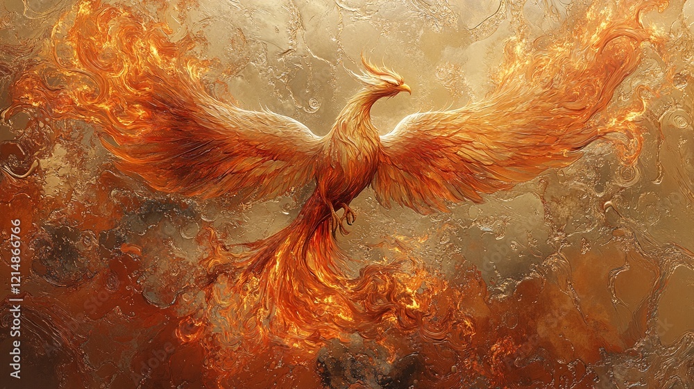 Obraz premium A phoenix rising from flames in a gold and orange painting.