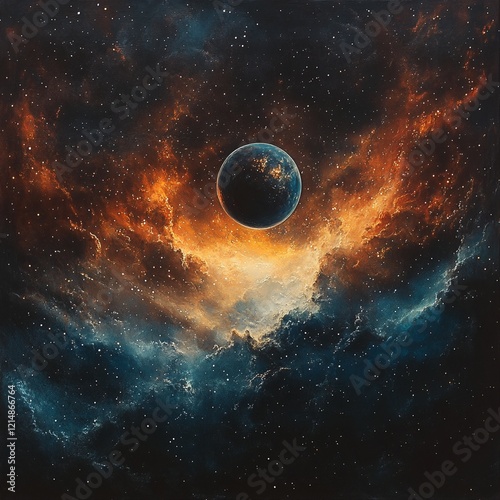 A lone black hole floating in space surrounded by an orange and blue nebula. photo