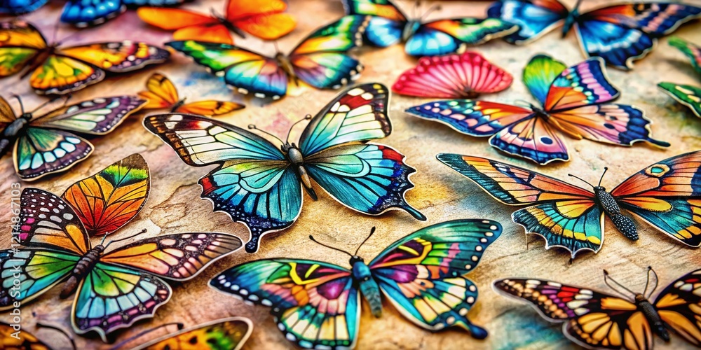 Fototapeta premium Documentary Photography: Delicate Ink & Aquarelle Butterfly Stickers - Close-up Detail Shot