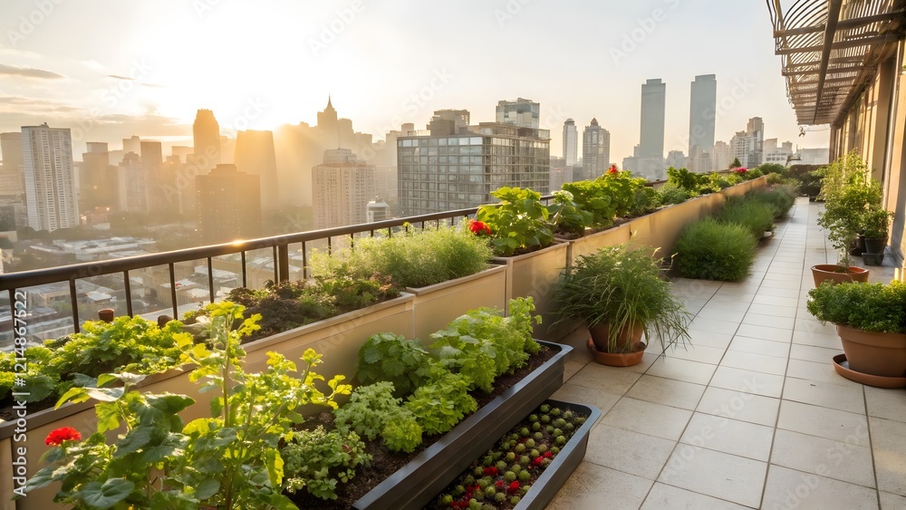 Fototapeta premium Rooftop Garden Cityscape Sunrise Urban Gardening Plants Herbs Flowers Balcony Terrace City View