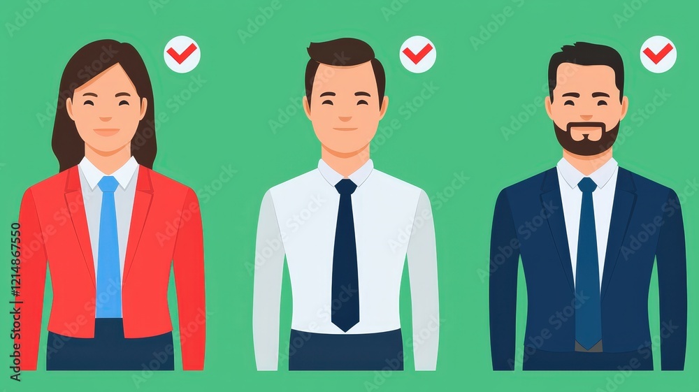 Virtual meetings concept. Three professionals in business attire showcasing confidence with checkmarks in the background. Virtual meetings concept. Three professionals in business attire showcasing confidence with checkmarks in the background.