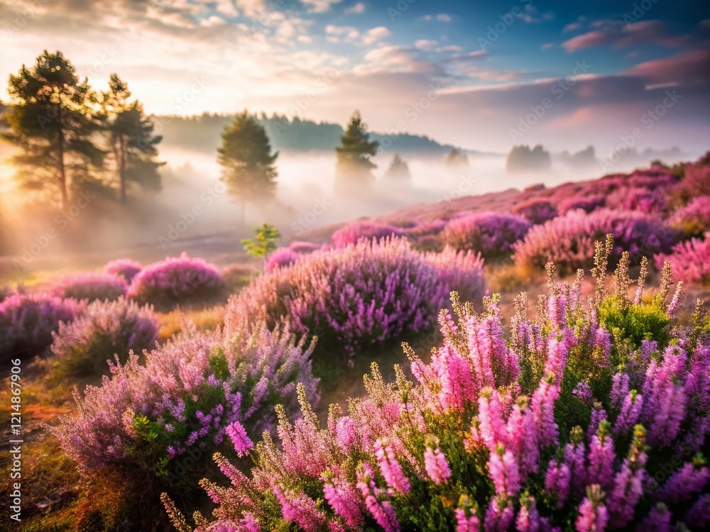 Obraz premium Double Exposure: Blooming Heather & Misty Moorland Landscape