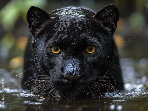 Black Panther in a shallow body of water, looking straight to the camera at eye level photo