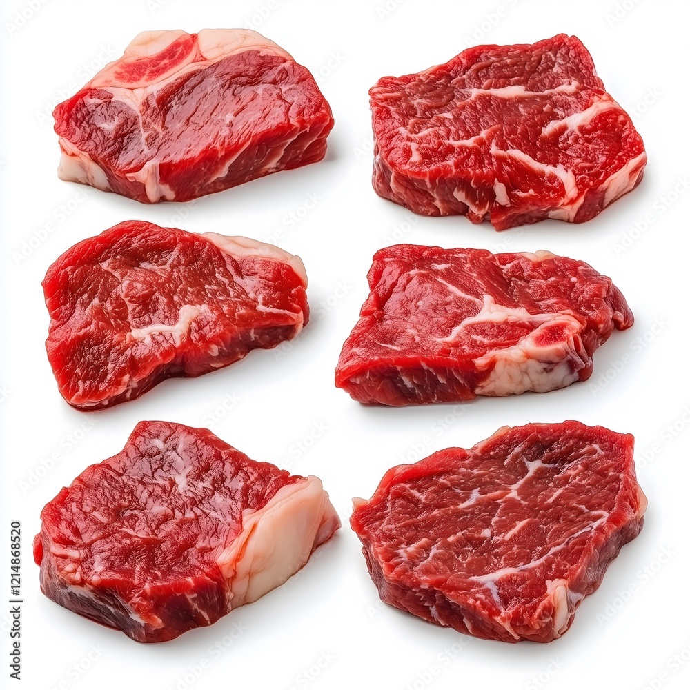 Close-Up of Raw Beef Steak Slices with Rich Marbled Texture Close-Up of Raw Beef Steak Slices with Rich Marbled Texture