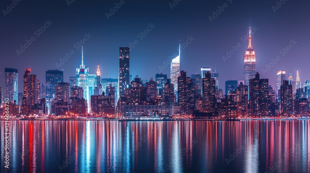 Fototapeta premium A panoramic grandview of a city skyline, illuminated at night under a clear sky.