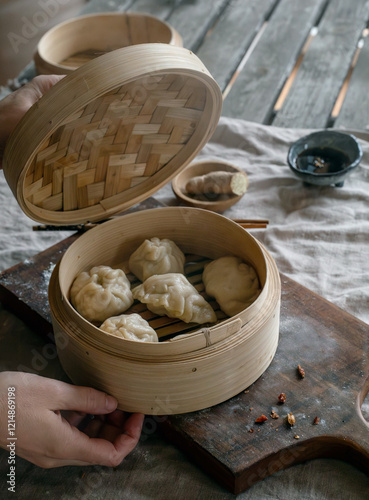 steamer with Asian steamed dumplings photo