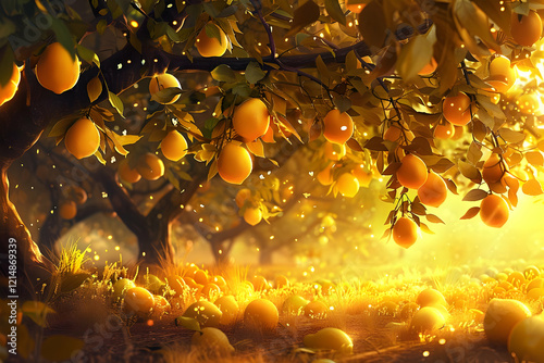 Golden Lemons Hanging on Tr...
