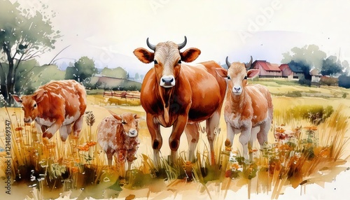 Fototapeta Naklejka Na Ścianę i Meble -  Watercolor painting of farm animals