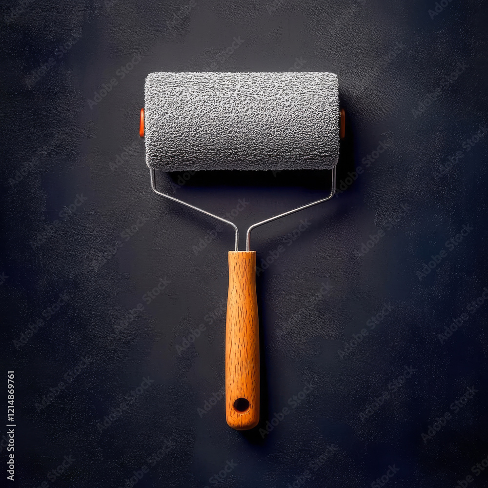 Obraz premium Paint roller with wooden handle on dark background representing home improvement and diy projects