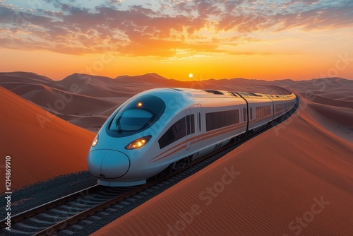 Modern high-speed train is traveling through a vast desert landscape at sunset, showcasing the advancements in transportation technology and the beauty of nature