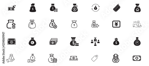 Money bag icon set, finance, banking, bag, cash, money, bank, dollar, business, currency, vector, money bag, investment, icon, financial, budget, wealth, coin, earning, profit, symbol, buy, sign.