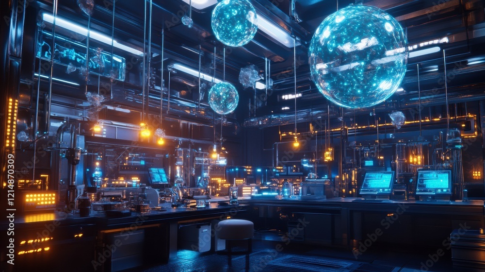 A futuristic lab studying dark matter, with floating particles and glowing scientific instruments measuring cosmic radiation A futuristic lab studying dark matter, with floating particles and glowing scientific instruments measuring cosmic radiation