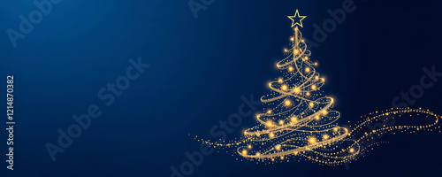 Art Deco Christmas Card Design with Luxury Tree and Twinkling Details on Blue Background
