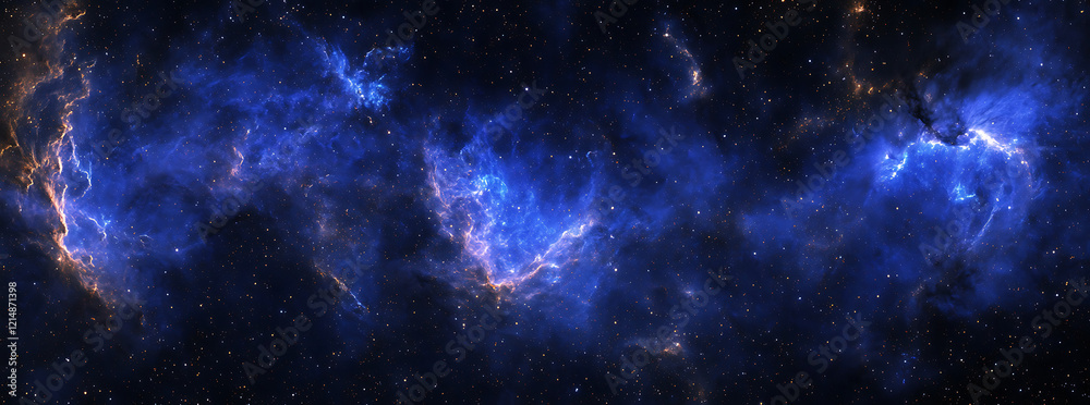 Naklejka premium A panoramic view of the Milky Way galaxy, with stars and nebulae glowing in shades of blue and purple against the black space.