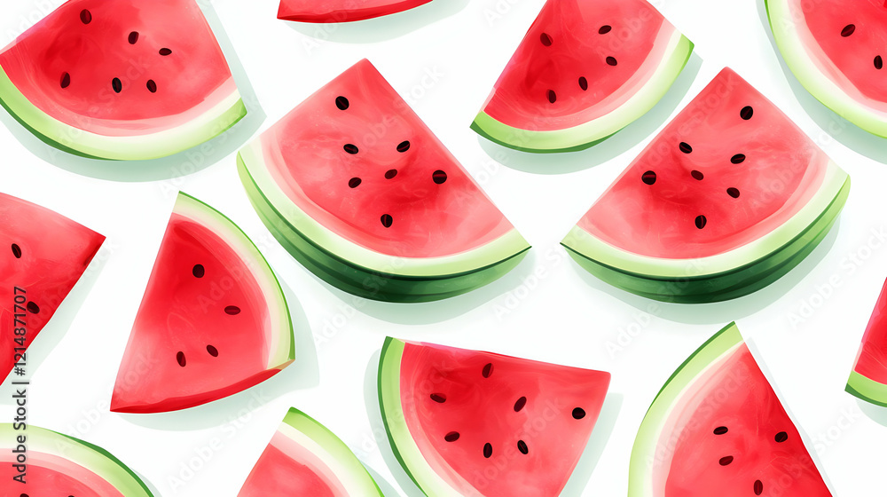 Watermelon Slices Arranged Beautifully on a White Background, a Refreshing Summer Treat. Watermelon Slices Arranged Beautifully on a White Background, a Refreshing Summer Treat.