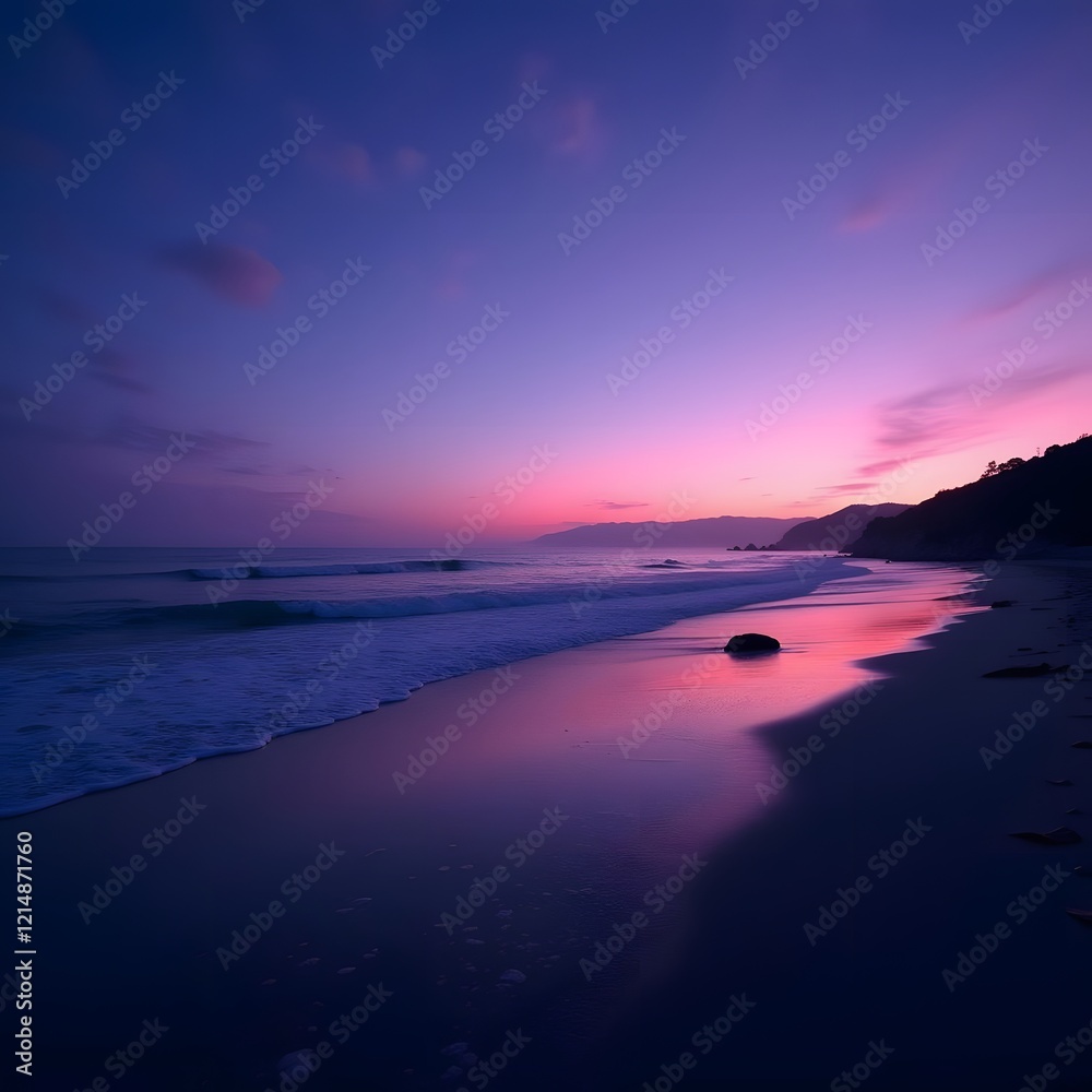 Fototapeta premium Magical Dusk Ultraviolet Lit Beach, Nature's Serenity