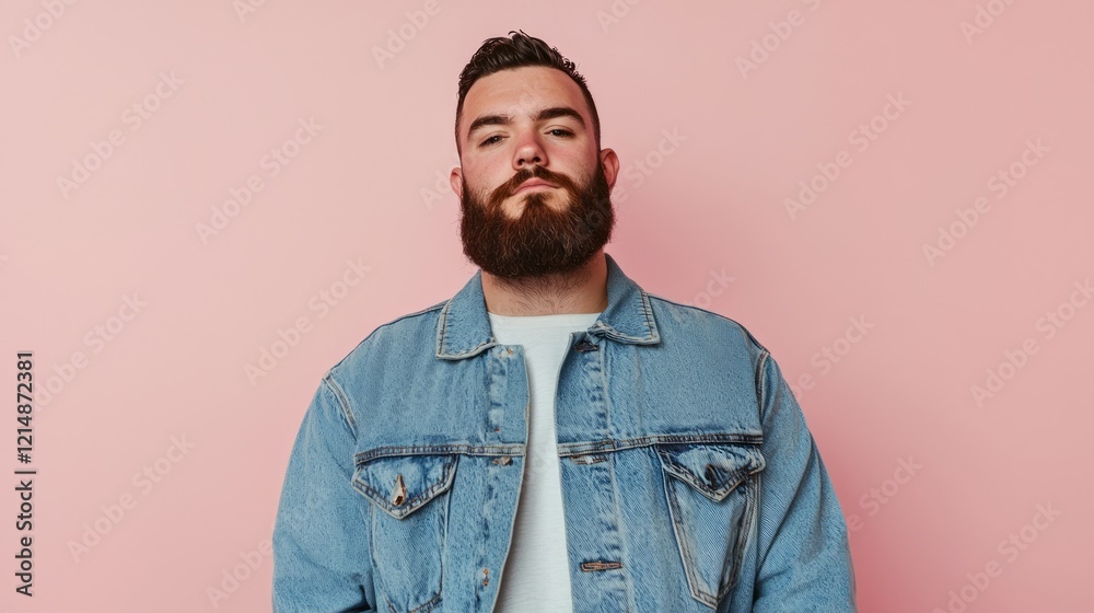 Fototapeta premium Confident Man in Denim Jacket Strikes Cinematic Pose Against Neutral Background - Ultra-Detailed Image