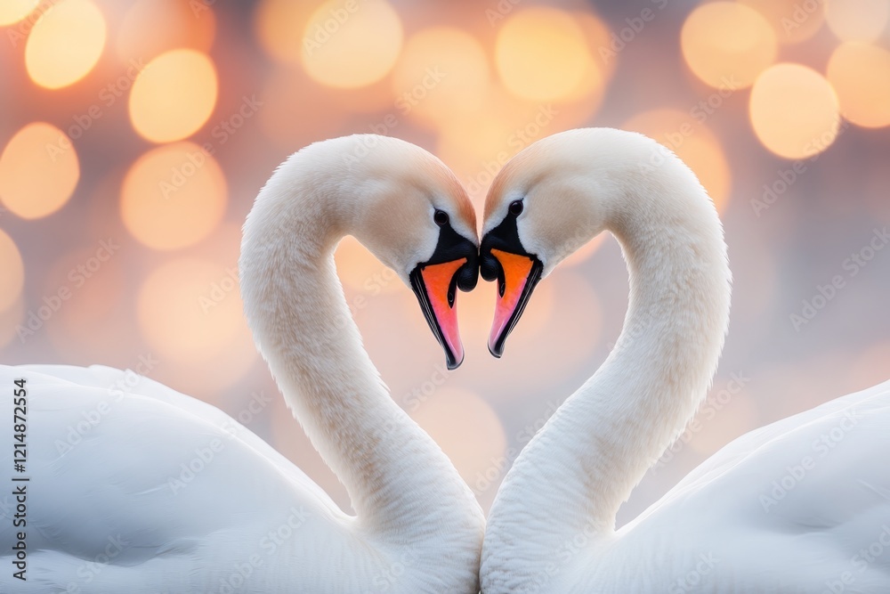 Obraz premium A pair of swans forming a heart shape with their necks as they glide across a serene lake at sunrise