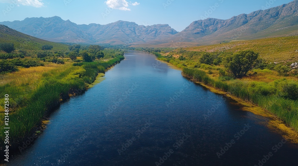 A tranquil river flows through a valley surrounded by hills under a clear blue sky in a natural setting A tranquil river flows through a valley surrounded by hills under a clear blue sky in a natural setting