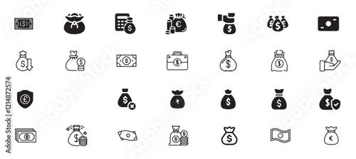 Money bag icon set, finance, banking, bag, cash, money, bank, dollar, business, currency, vector, money bag, investment, icon, financial, budget, wealth, coin, earning, profit, symbol, buy, sign.