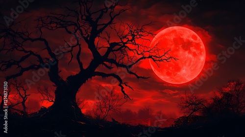 a tree with a red moon in the background photo