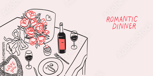 Romantic dinner poster, banner or placard. Wine and flowers bouquet drawing for wedding invitations, cafe menus and parties. Served table for two, couples, lovers in restaurant or home in ink style.