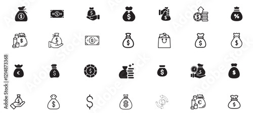Money bag icon set, finance, banking, bag, cash, money, bank, dollar, business, currency, vector, money bag, investment, icon, financial, budget, wealth, coin, earning, profit, symbol, buy, sign.