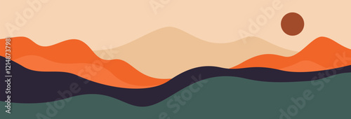 Abstract landscape poster. Nature wall decor contemporary art print, mid century mountain background. Vector illustration 10 eps.