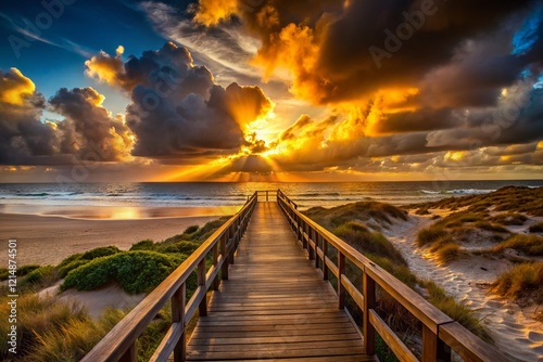 Dramatic Golden Sunset Silhouette Boardwalk Quiaios Beach Portugal photo