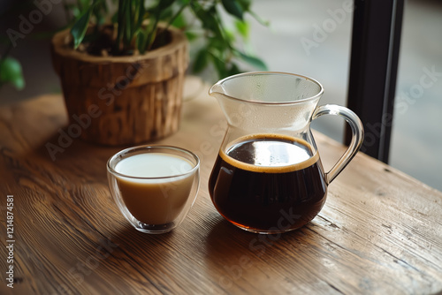 Coffee and creamer served in glass carafes on a rustic wooden table, next to a potted plant. A perfect morning setting.