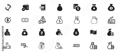 Money bag icon set, finance, banking, bag, cash, money, bank, dollar, business, currency, vector, money bag, investment, icon, financial, budget, wealth, coin, earning, profit, symbol, buy, sign.