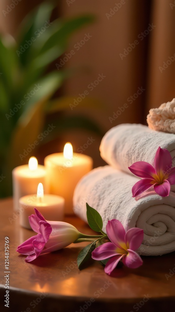luxurious spa background with candles, rolled towels, and flowers, atmosphere for relaxation and wellness luxurious spa background with candles, rolled towels, and flowers, atmosphere for relaxation and wellness