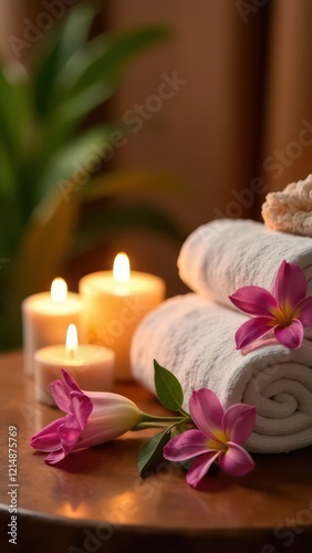 luxurious spa background with candles, rolled towels, and flowers, atmosphere for relaxation and wellness