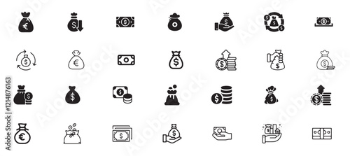 Money bag icon set, finance, banking, bag, cash, money, bank, dollar, business, currency, vector, money bag, investment, icon, financial, budget, wealth, coin, earning, profit, symbol, buy, sign.