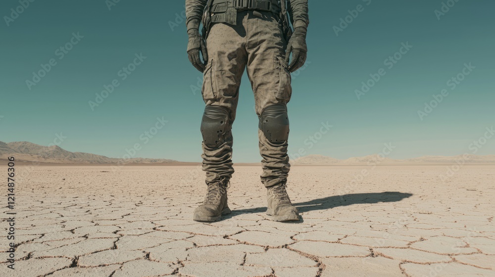 Solitary Figure in Desert: Cinematic Midday Scene with Cargo Pants Wearing Individual in Wide Stance Solitary Figure in Desert: Cinematic Midday Scene with Cargo Pants Wearing Individual in Wide Stance