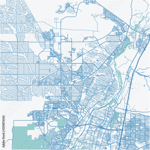 Map of Rio Rancho in New Mexico in a professional blue style. Contains layered vector with roads water, parks, etc.