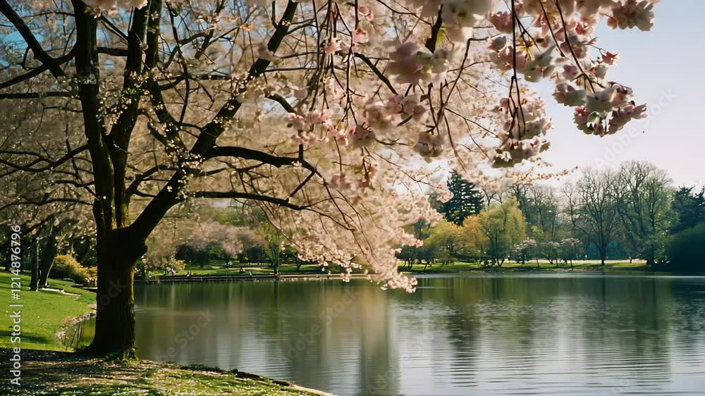 Serene Autumn Landscape with Trees Reflecting on Calm Lake and Blue Sky