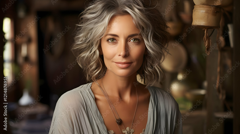 Portrait of a Woman with Gray Hair Posing Serenely in a Rustic Setting Portrait of a Woman with Gray Hair Posing Serenely in a Rustic Setting