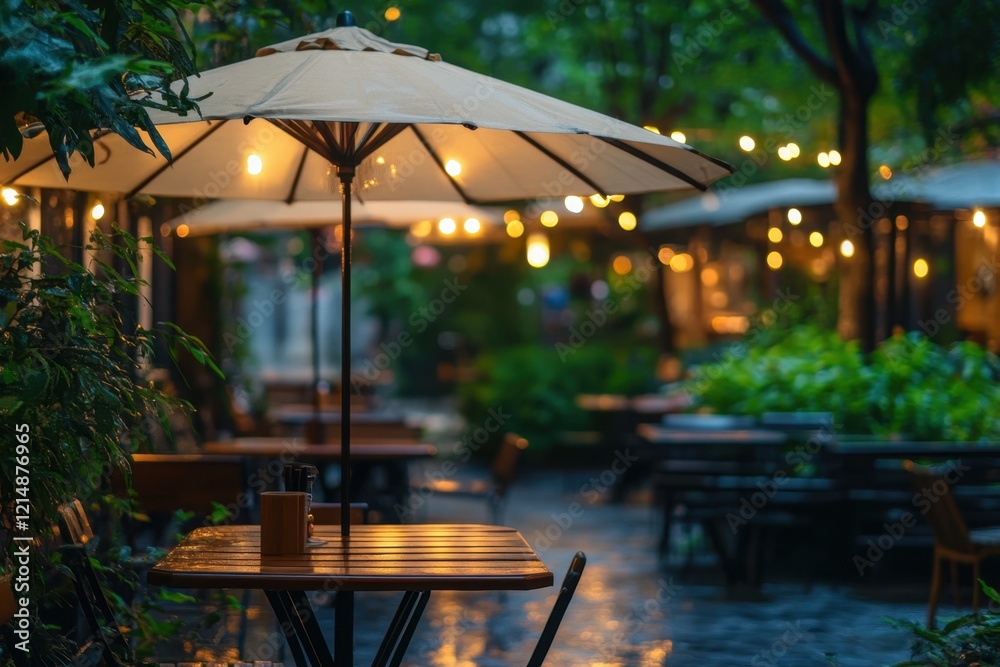 Obraz premium Cozy outdoor dining area adorned with lights and umbrellas on a rainy evening