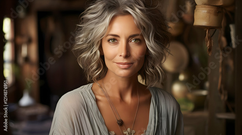 Wallpaper Mural Portrait of a Woman with Gray Hair Posing Serenely in a Rustic Setting Torontodigital.ca