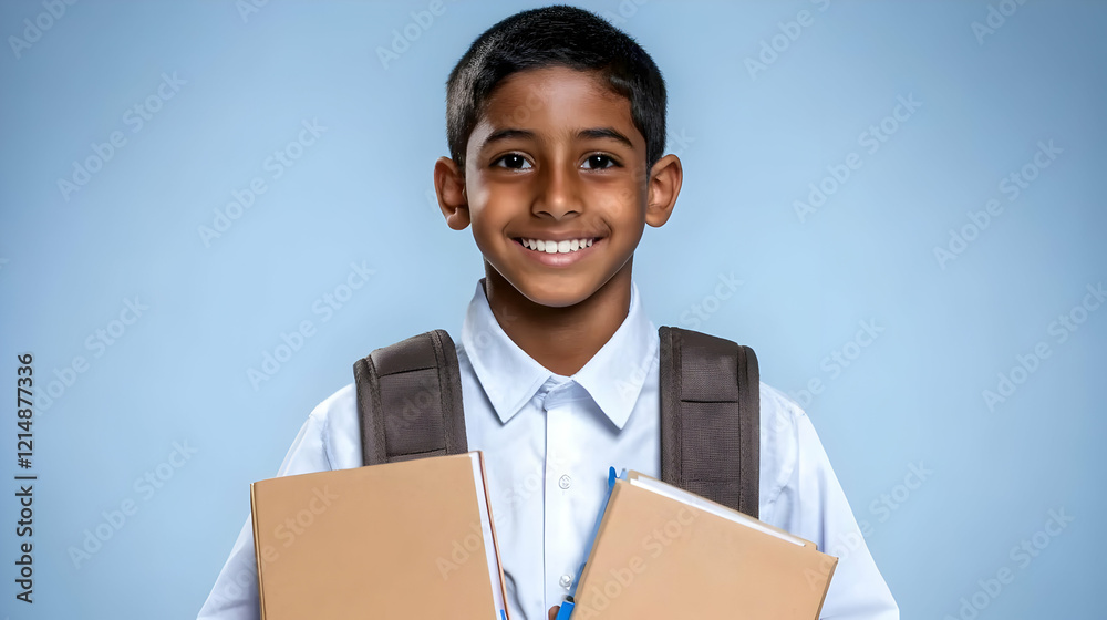 Smiling Student Holds Books Ready for School with Backpack, Education Concept Smiling Student Holds Books Ready for School with Backpack, Education Concept