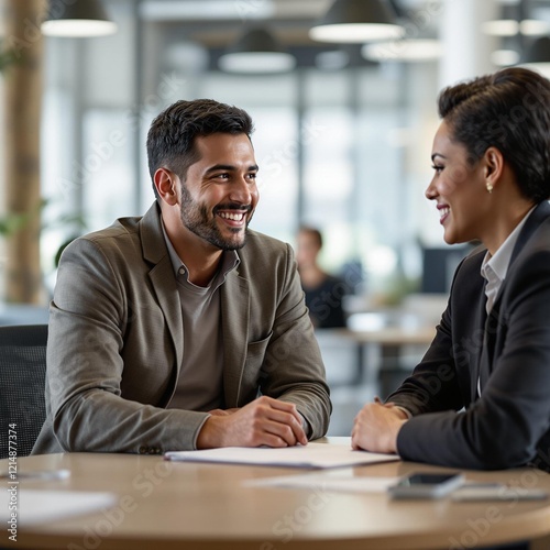 Dos hombres y mujeres hispanos que trabajan en una oficina y se reúnen cara a cara. Todos están sonriendo. photo