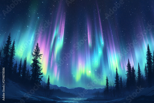 a painting of a night sky with aurora lights and trees in the foreground and a mountain in the background