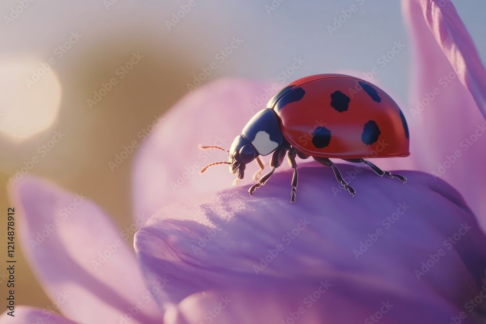 Naklejka premium Vibrant Ladybug on Delicate Purple Petal