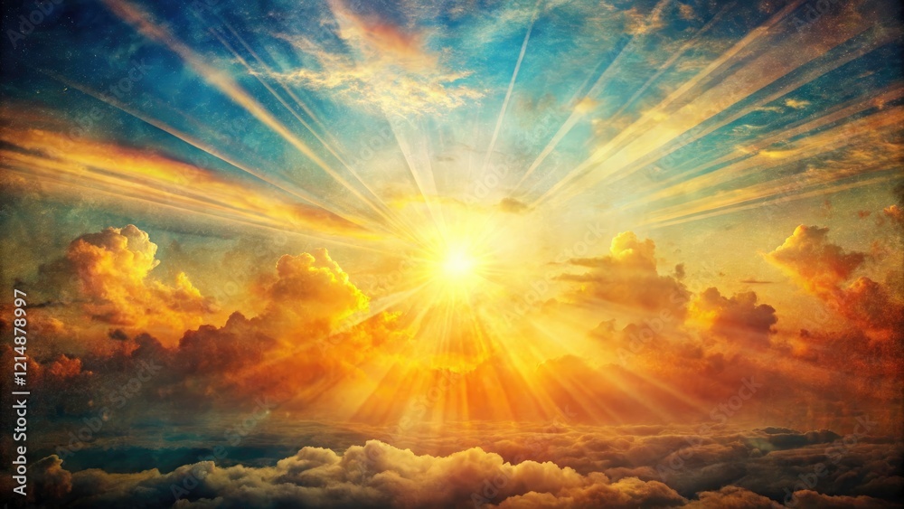 Fototapeta premium Retro sunburst and double exposure create a vintage sunrise, aged photo effect with film grain and grunge texture.